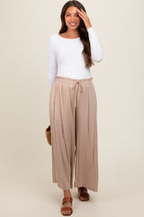 Beige Pleated Elastic Waist Wide Leg Crop Maternity Pants