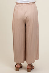 Beige Pleated Elastic Waist Wide Leg Crop Maternity Pants