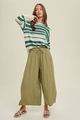 Olive Pleated Elastic Waist Wide Leg Crop Pants