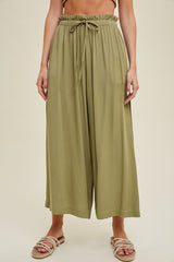 Olive Pleated Elastic Waist Wide Leg Crop Pants