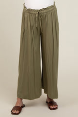 Olive Pleated Elastic Waist Wide Leg Crop Maternity Pants