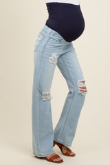 Light Blue Distressed Knee Wide Leg Maternity Jeans