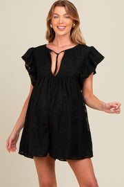 Black Floral Split V-Neck Ruffle Sleeve Maternity Romper