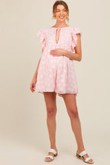 Pink Floral Split V-Neck Ruffle Sleeve Maternity Romper