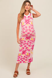 Fuchsia Floral Sleeveless Maternity Midi Dress