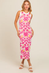 Fuchsia Floral Sleeveless Maternity Midi Dress