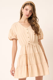 Beige Puff Sleeve Detail Mini Dress