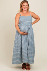 Blue Striped Cutout Back Maternity Plus Maxi Dress