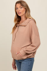 Mocha Waffle Knit Half Zip Relaxed Fit Maternity Hoodie