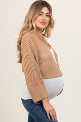 Taupe Open Knit Cropped Maternity Cardigan