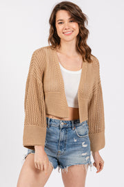 Taupe Open Knit Cropped Cardigan