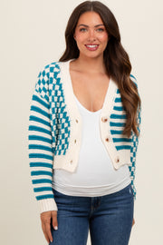 Teal Checker Stripe Button Up Maternity Cardigan