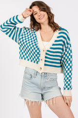 Teal Checker Stripe Button Up Cardigan