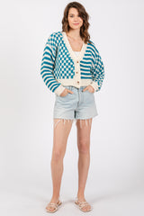 Teal Checker Stripe Button Up Cardigan