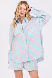 Light Blue Striped Button Down Top and Short Set