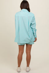 Aqua Striped Button Down Top and Short Maternity Set