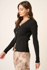 Black Rib Knit Button Front Sweater Cardigan