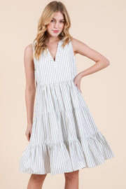 Off White Vertical Striped V Neck Sleeveless Midi Dress