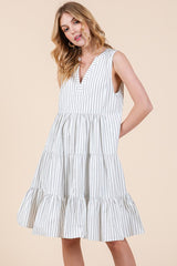 Off White Vertical Striped V Neck Sleeveless Midi Dress