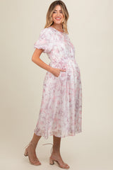 Pink Lavender Floral Puff Sleeve Maternity Dress