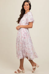 Pink Lavender Floral Puff Sleeve Maternity Dress