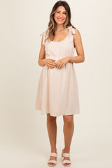 Beige Solid Tie-Shoulder Scoop Neck Maternity Dress