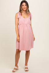 Pink Solid Tie-Shoulder Scoop Neck Maternity Dress