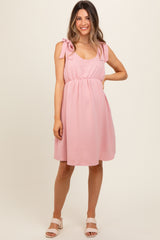 Pink Solid Tie-Shoulder Scoop Neck Maternity Dress