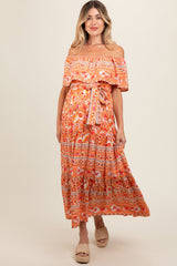 Peach Floral Off Shoulder Maternity Maxi Dress