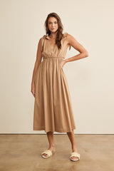 Mocha Linen Shoulder Tie Midi Dress