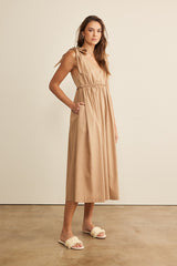 Mocha Linen Shoulder Tie Midi Dress