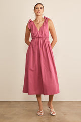 Magenta Linen Shoulder Tie Midi Dress