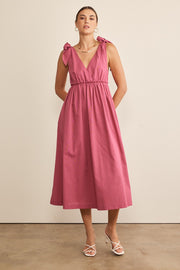 Magenta Linen Shoulder Tie Midi Dress