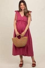 Magenta Linen Shoulder Tie Maternity Midi Dress