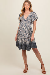 Navy Blue Floral Smocked V-Neck Tiered Maternity Dress