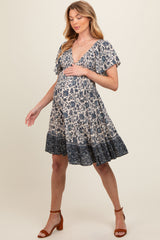 Navy Blue Floral Smocked V-Neck Tiered Maternity Dress