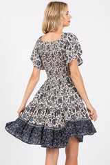 Navy Blue Floral Smocked V-Neck Tiered Dress