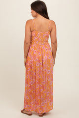 Orange Floral Front Cutout Side Slit Maternity Maxi Dress