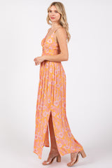 Orange Floral Front Cutout Side Slit Maxi Dress