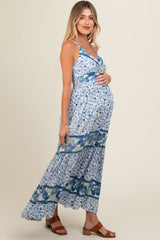 Blue Floral Front Twist Tiered Maternity Midi Dress