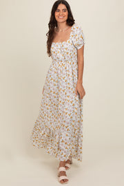 Ivory Floral Short Sleeve Maxi Dress