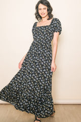 Black Floral Short Sleeve Maternity Maxi Dress