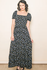 Black Floral Short Sleeve Maxi Dress