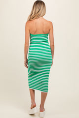 Green Striped Knit Strapless Maternity Midi Dress