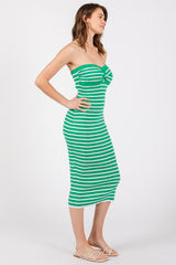 Green Striped Knit Strapless Midi Dress