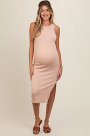 Beige Sleeveless Ribbed Maternity Midi Dress