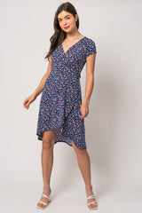 Navy Blue Floral Front Wrap Short Sleeve Dress