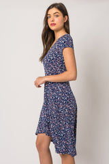 Navy Blue Floral Front Wrap Short Sleeve Dress