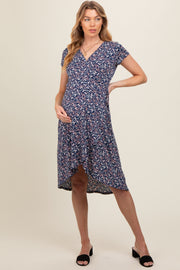 Navy Blue Floral Front Wrap Short Sleeve Maternity Dress