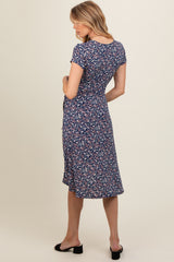 Navy Blue Floral Front Wrap Short Sleeve Maternity Dress